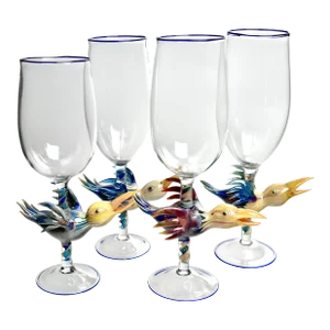Set of 4 Art Glass Bird Goblets by Janis Miltenberger