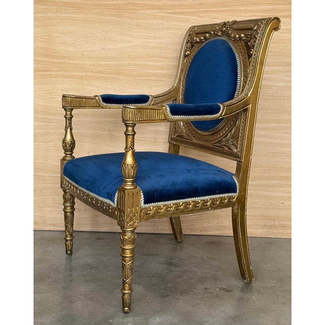 Mid 20th Century Pair of Louis XVI Style Giltwood Armchairs with Blue Klein Velvet For Sale - Image 18 of 18