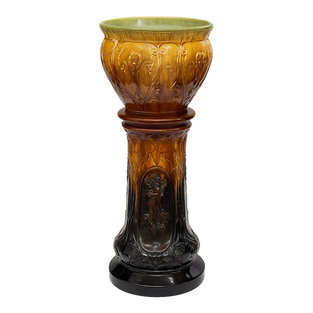 Antique Weller Pottery Jardinière & Pedestal — Art Nouveau Drip Glaze c.1905 For Sale