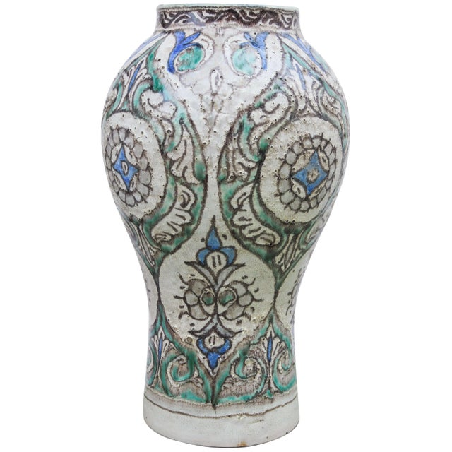 Antique handcrafted ceramic vase featuring an elaborate hand-painted Moorish pattern in a traditional Andalusian color...