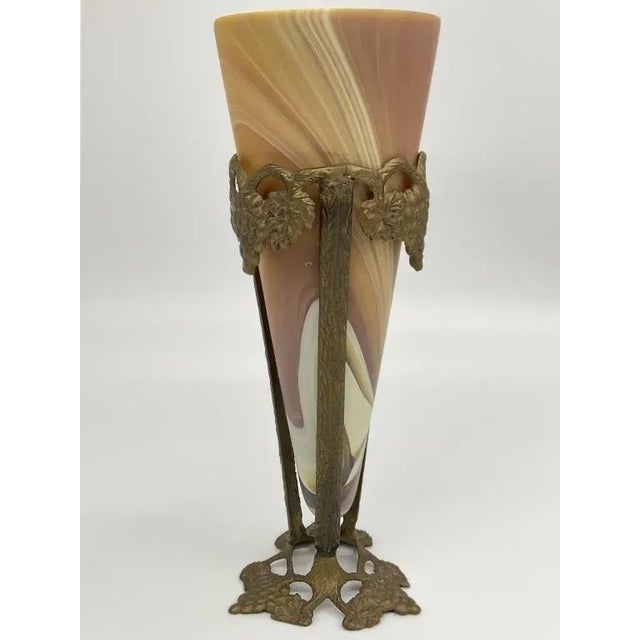 Art deco art glass in a bronze mounted epergne vase. Vintage vase with soft earth colors of satin tan, yellow and off...