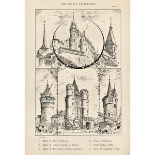 Large C 1880s French Architecture Lithograph of Towers & Bell Towers For Sale