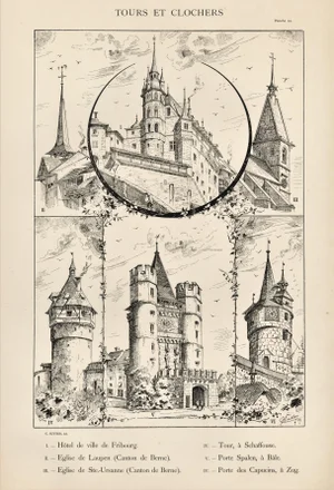 Large C 1880s French Architecture Lithograph of Towers & Bell Towers