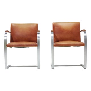 Mies Van Der Rohe for Knoll Flat Bar Brno Chair in Brushed Steel and Leather, 6 Left For Sale