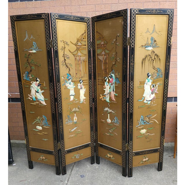 Asian Colored Stone Mounted, Lacquered and Decorated four-Panel Floor Screen. Stands 72" tall. Each panelnis 17.5" width.