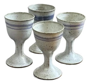 Vintage Blue & Ivory Artisanal Stoneware Goblets — Set of 4