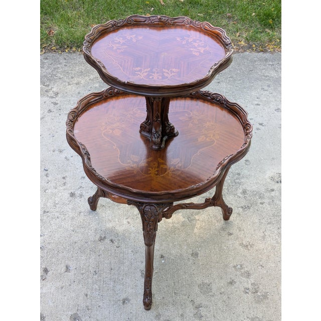 Mid 20th Century Vintage French Style Two Tier Table Dessert Parlor With Inlays For Sale - Image 5 of 17