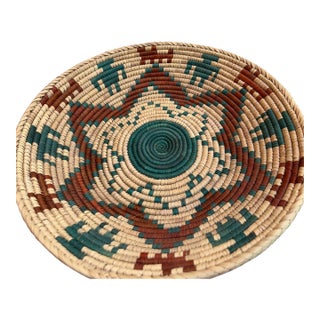 Vintage 1980s Tribal Weaving Coiled Handmade Boho Basket 16" Diameter Southwestern Home Decor For Sale