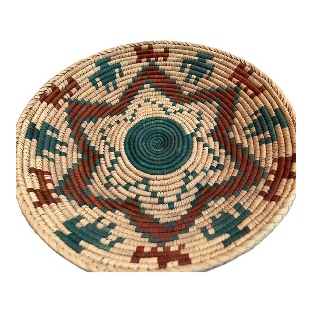 Vintage 1980s Tribal Weaving Coiled Handmade Boho Basket 16" Diameter Southwestern Home Decor For Sale