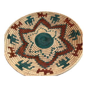 Vintage 1980s Tribal Weaving Coiled Handmade Boho Basket 16" Diameter Southwestern Home Decor