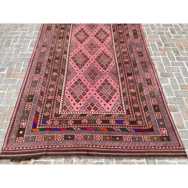 1990s Maimana Kilim Gallery Rug, Handwoven Wool, 8x16, Rose & Chocolate For Sale - Image 5 of 11