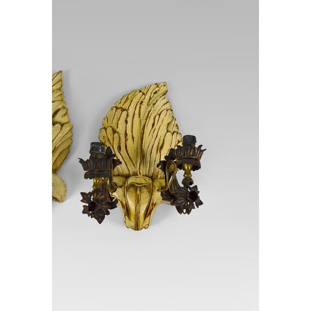 Hollywood Regency Sconces in Carved, Painted and Patinated Wood, 1950s, Set of 2 For Sale - Image 11 of 16