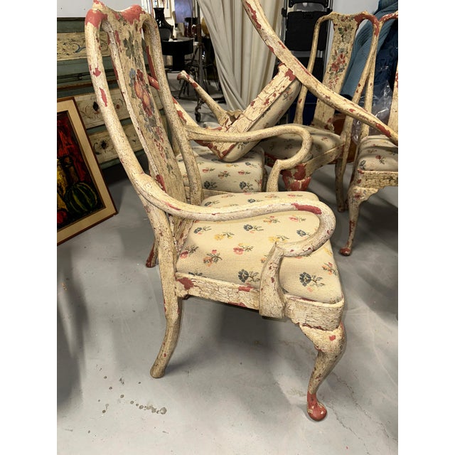 Early 20th Century Set of 8 Painted Chippy Dining Chairs with Needlepoint Floral Seats For Sale - Image 9 of 18