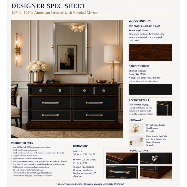 Old Chapel Noire™ | Restored 1960s American Dresser in Onyx Black, Satin Walnut & Gilded Detail With Beveled Mirror For Sale - Image 4 of 5