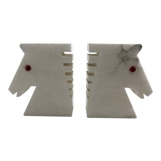Postmodern White Alabaster Horse Bust Bookends - A Pair For Sale