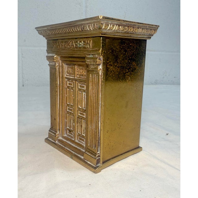 Brass Rare Antique Sparekassen Denmark Brass Savings Building Still Coin Bank W/ Key For Sale - Image 8 of 12