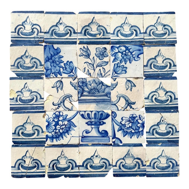 Antique 18th Century Portuguese Blue & White Flowerpiece on a Classical Stand Tile Mural For Sale