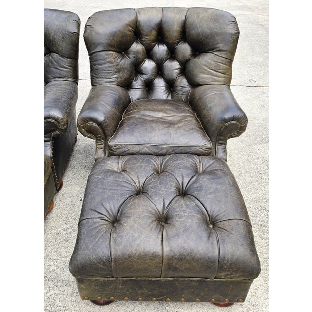 1990s Vintage Henredon for Ralph Lauren English Chesterfield Leather Chair & Ottoman a Pair For Sale - Image 5 of 18