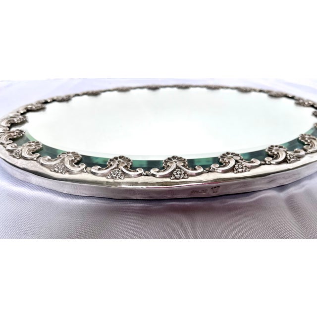 Art Nouveau Mid-20th Century Topázio Portuguese Ornate Silver-Plated Beveled Mirror Plateau Tray For Sale - Image 3 of 16