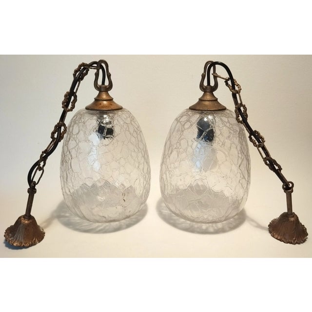 Metal Vintage Venetian Pendant Lamps with Ice Glass, 1950s, Set of 2 For Sale - Image 7 of 7
