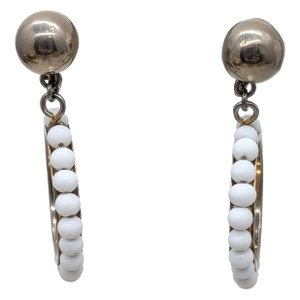 Vintage 1950s Signed Napier Silvertone White Beaded Hoop Clip Earrings-2 Pieces