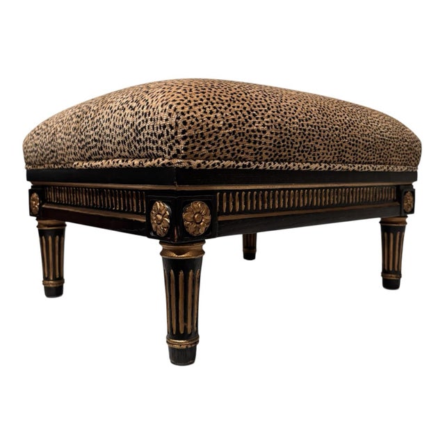 Tan Late 20th Century Interior Crafts French Ebony Gold Gilded Leopard Chenille Footstool For Sale - Image 8 of 11