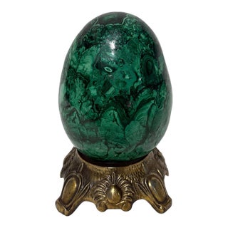 Large & Heavy Sculpted Malachite Egg Specimen Sculpture on Ornate Brass Stand For Sale