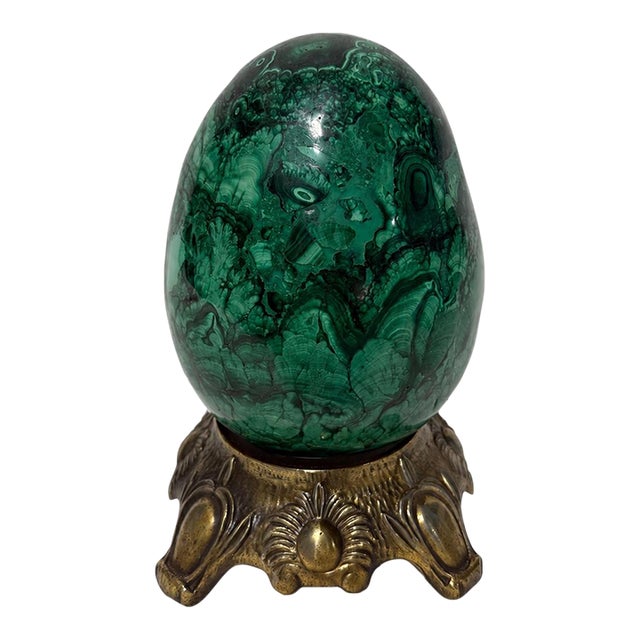 Large & Heavy Sculpted Malachite Egg Specimen Sculpture on Ornate Brass Stand For Sale