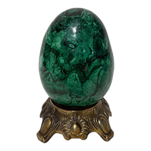 Large & Heavy Sculpted Malachite Egg Specimen Sculpture on Ornate Brass Stand