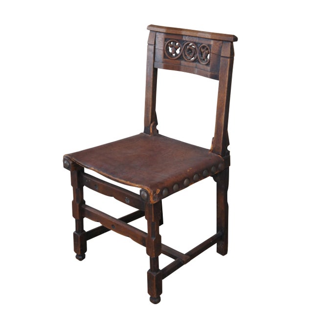 Antique spanish revival side chair. Made of quartersawn oak featuring mortise and tenon joinery with Celtic inspired...