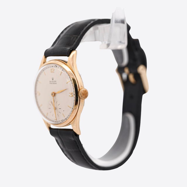 White Vintage Rolex Precision 12325 Gold Manual Wind Sub Dial on Leather Watch For Sale - Image 8 of 10