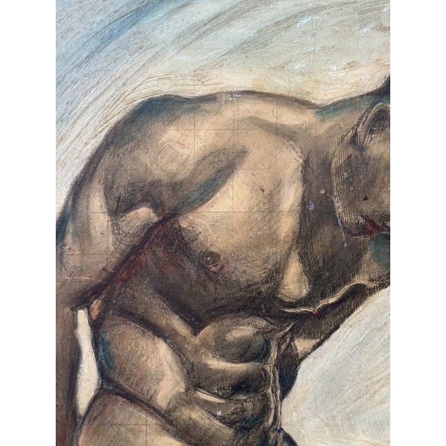 Vintage Art Deco Style Kneeling Male Nude Oil on Board Painting, Circa Mid 20th Century For Sale - Image 9 of 18