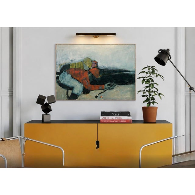 Wood Large Vintage Abstract Oil Painting of a Downhill Skier, Framed, 32” X 44.5” For Sale - Image 7 of 7