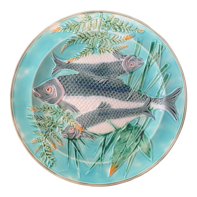 Antique 19th Century Majolica Wedgewood Fish & Seaweed Plate Impressed C1880 For Sale