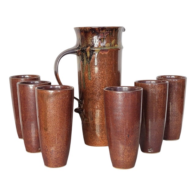 Vintage Water Service in Stoneware by Jean Cacheleux, 1970s, Set of 7 For Sale