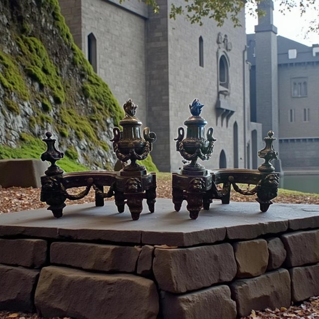 Gothic 19th Century Antique Brass Chenet Urns Andirons-Flame Tops-Faces-Drapes- Set of 2 For Sale - Image 3 of 13