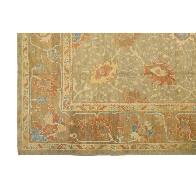 Modern Oversize Modern Oushak Wool Rug in Tan Color With Floral Motif For Sale - Image 3 of 7