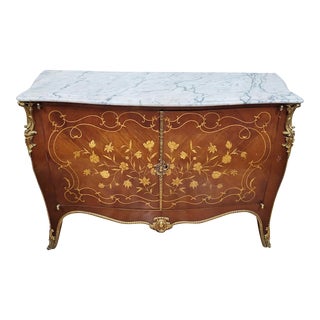 Antique French 20th C Marquetry Inlaid & Bronze Marble Top Fitted Commode For Sale