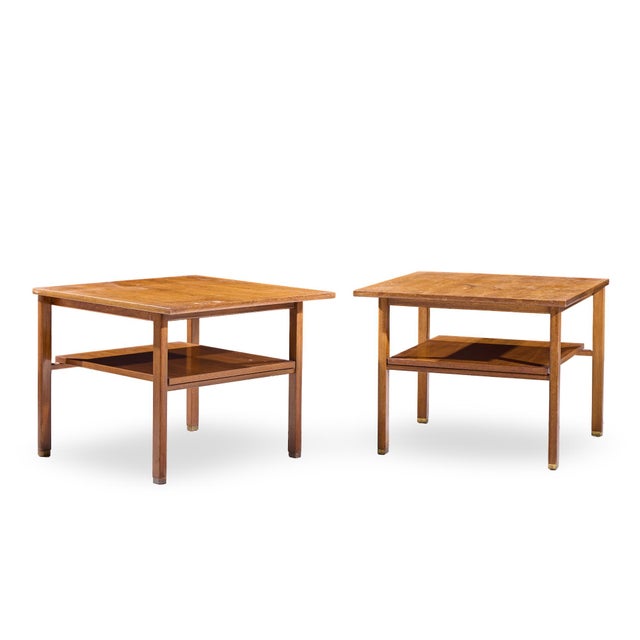 Edward Wormley for Dunbar Mid Century Walnut and Brass Side End Tables - Pair Each side table measures: 28 wide x 28 deep...