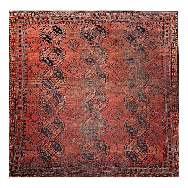 Vintage Turkmen Ersari in Allover Geometric Pattern in Red, Blue, Navy, Brown For Sale