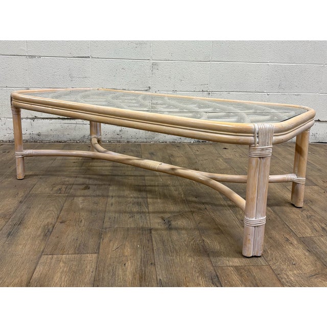 Vintage MCM Style Organic Coastal Rattan Bamboo Glass Coffee or Cocktail Table For Sale - Image 11 of 11