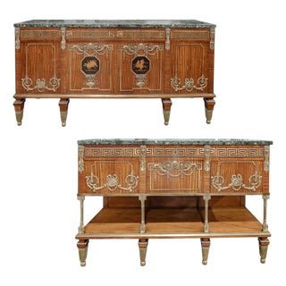 Pair of French Antique Satinwood Marble Top Servers, Sideboard. For Sale