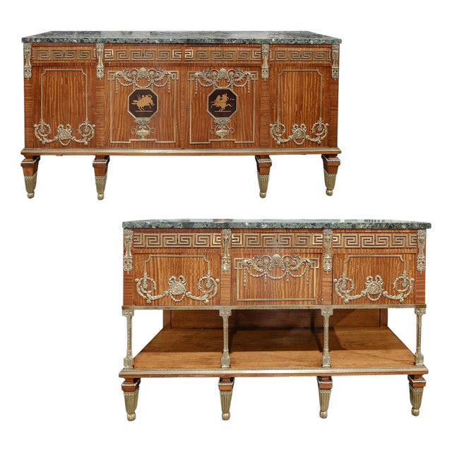 Pair of French Antique Satinwood Marble Top Servers, Sideboard. For Sale