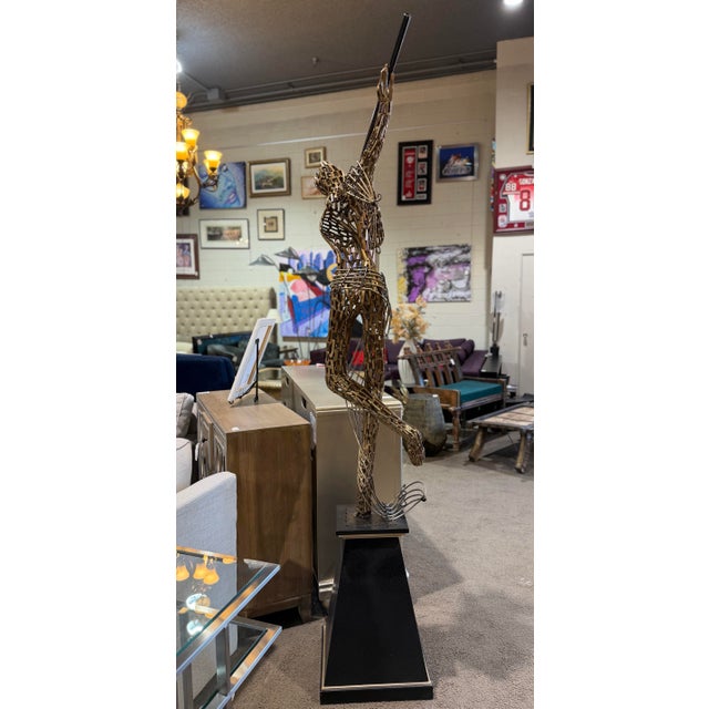 Gold Tone “Woman Playing Flute” Recycled Steel Sculpture on Pedestal For Sale In Las Vegas - Image 6 of 7
