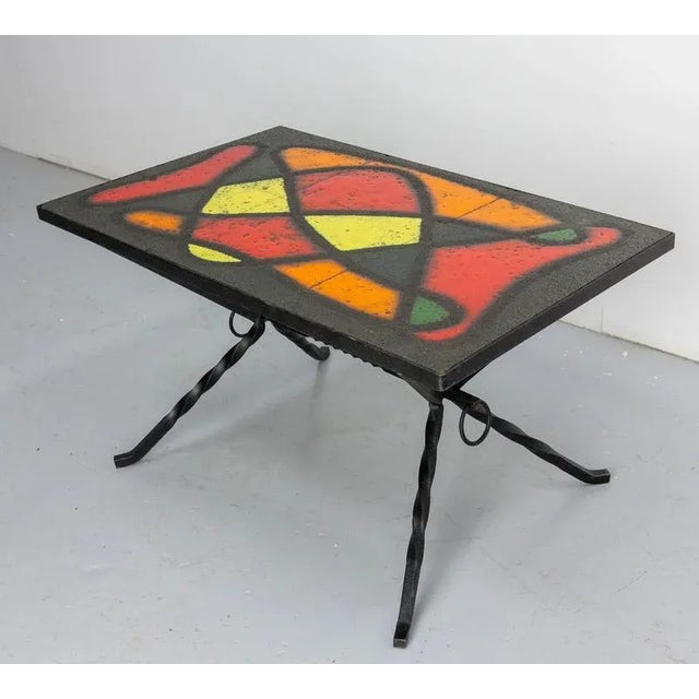 French Coffee Table in Wrought Iron & Glazed Ceramics, 1960s For Sale - Image 4 of 12