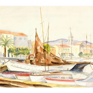 French Watercolor Harbor Landscape - Mediterranean Wharf With Sailboats For Sale