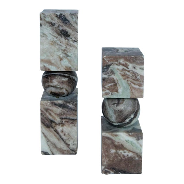 Modern Taupe and Ivory Marble Candle Holders Set of 2 For Sale