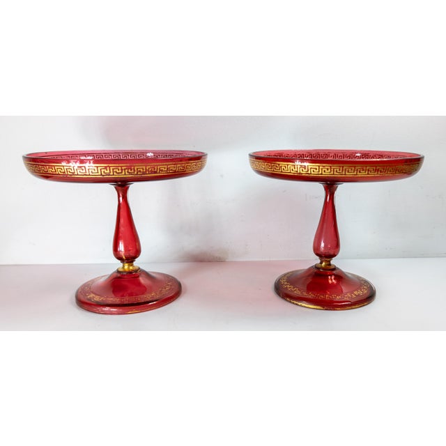 19th Century Pair of Bohemian Red Cranberry Glass Centerpiece Compotes or Tazza For Sale - Image 4 of 16