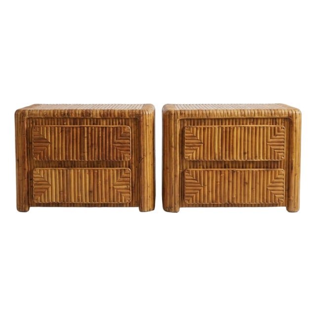 Pair of 70's Watterfall Rattan Nightstands Manner of Gabriella Crespi - A Pair For Sale
