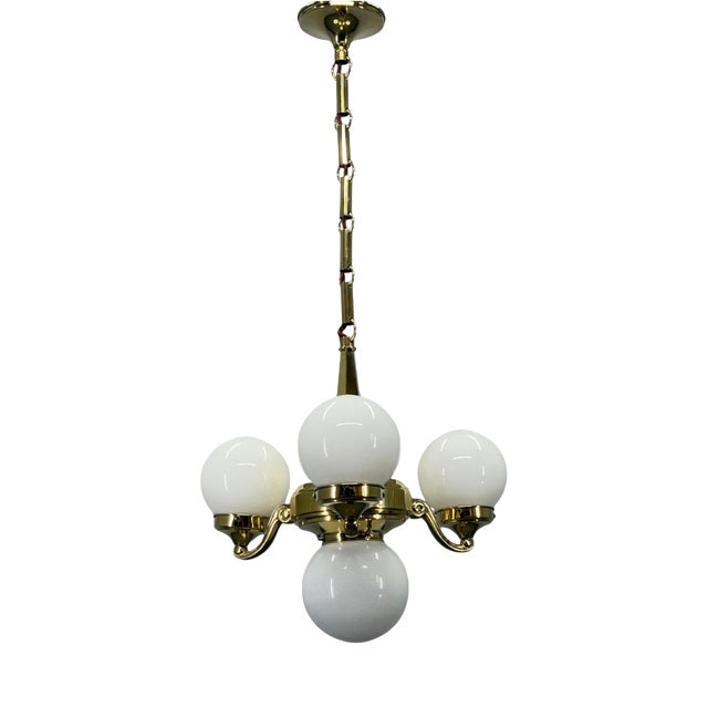 Art Deco Pendant Light in Brass and Opaline Glass, 1930s For Sale